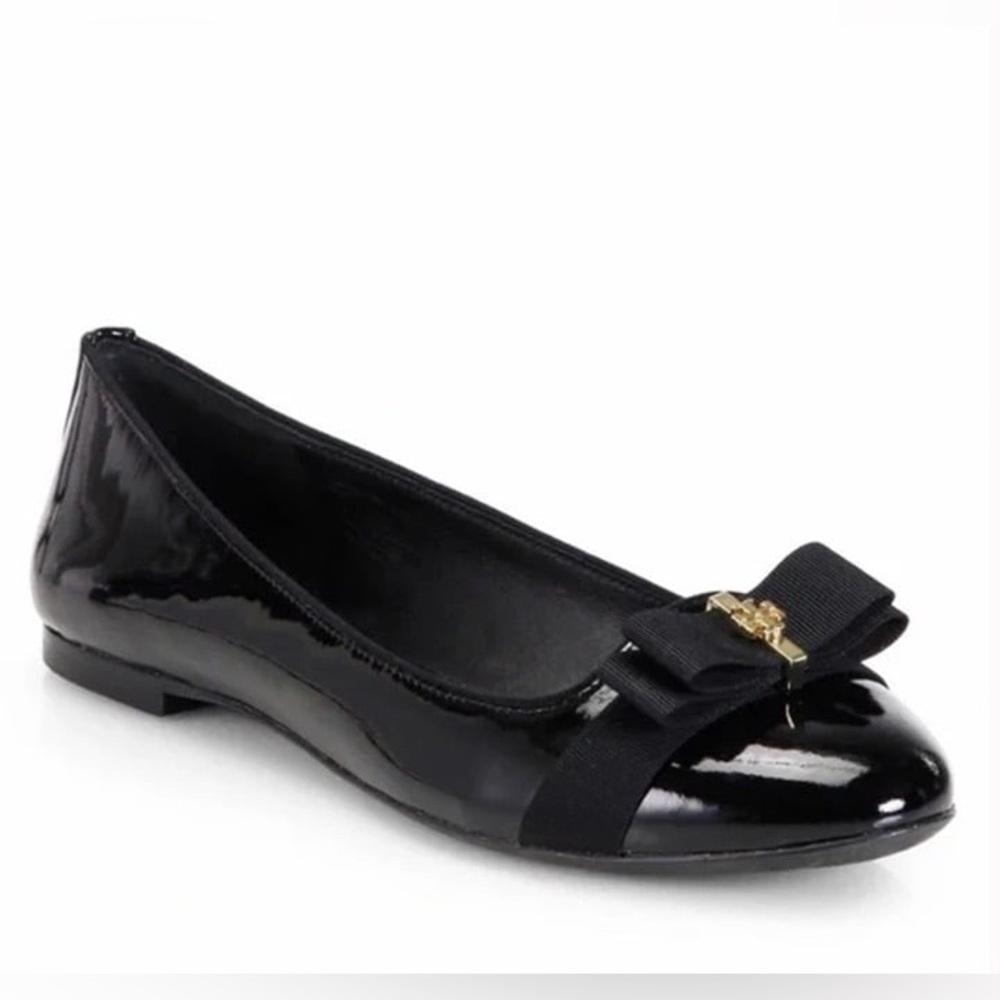 Tory Burch Black Patent Leather Bow Ballet Flats with Gold Logo